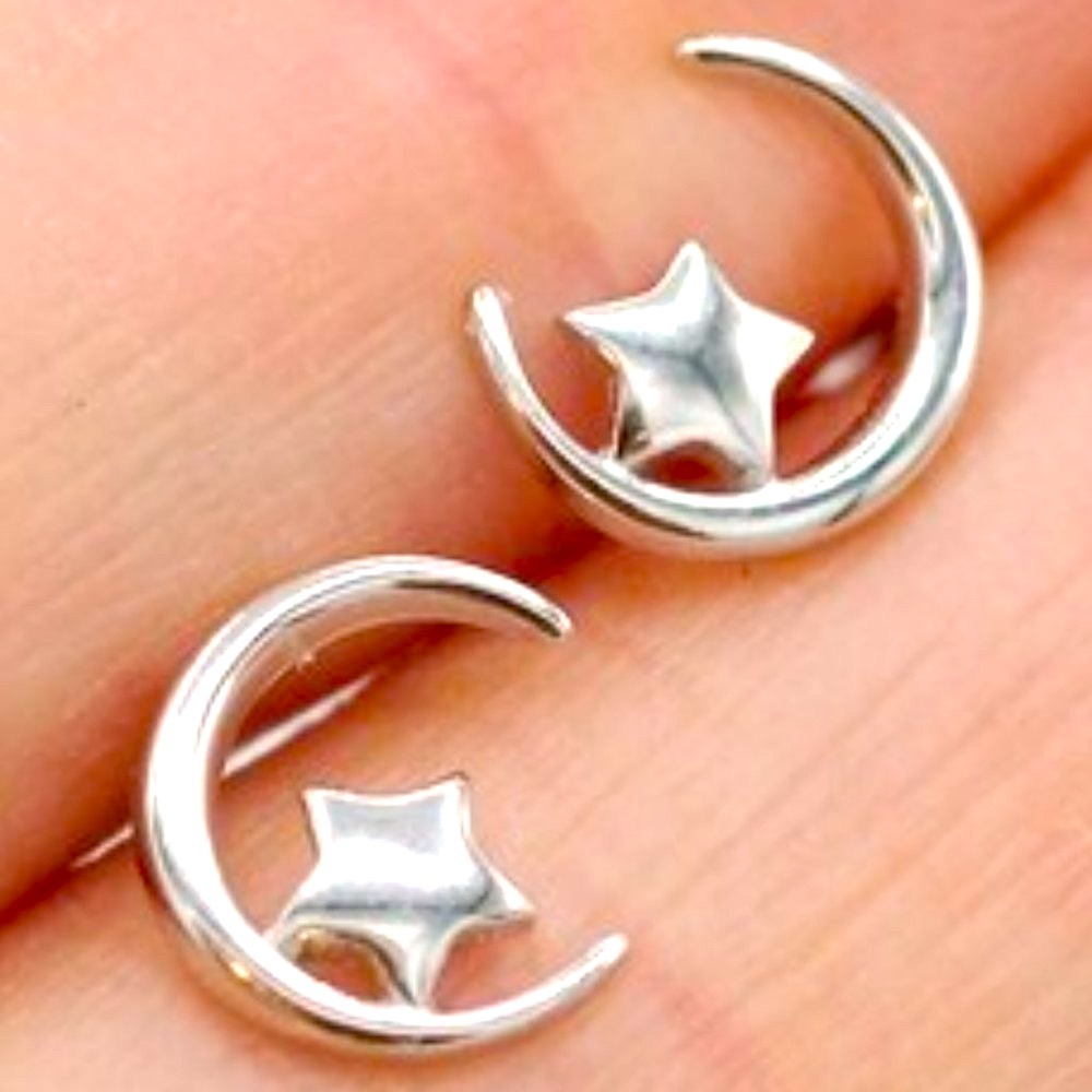 Dainty Star Half Moon Silver Stud Friction Push Back Earrings